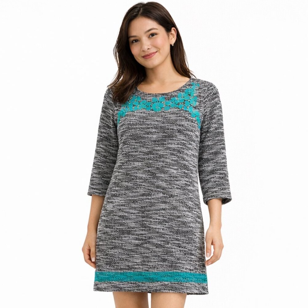 THML Embroidered Knit Shift Dress Black White Teal Bell Sleeves Size XS